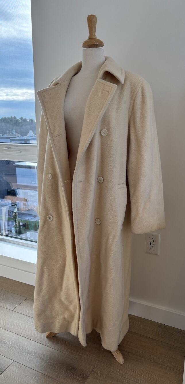 Vintage Evan Picone Cream Double Breasted Long Pea Coat 100% Wool Size 8